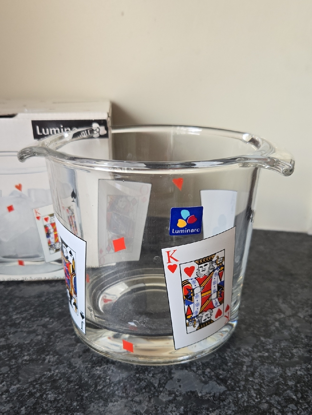 Luminarc Clear Glass Ice Bucket with Playing Card Design Game Night Poker NEW
